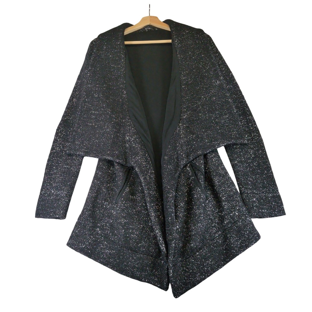 Theory Clarania Brittania Speckled Wool Blend Open Front Draped Jacket Black M